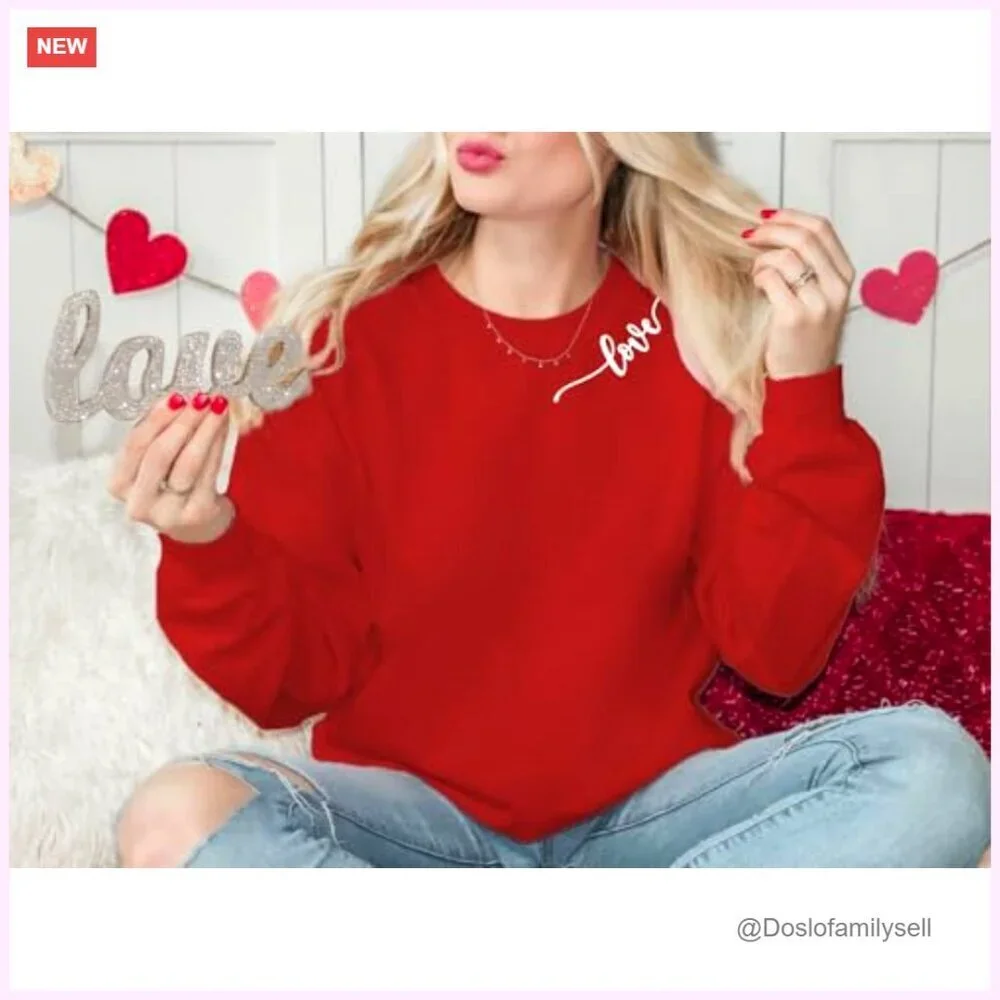 Valentine Heart Sweatshirt Long Sleeve Round Neck Pullover Casual Chic Top